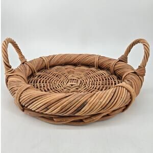Vtg Mid-Century Hand Woven Boho Round Handled Basket Or Serving Tray